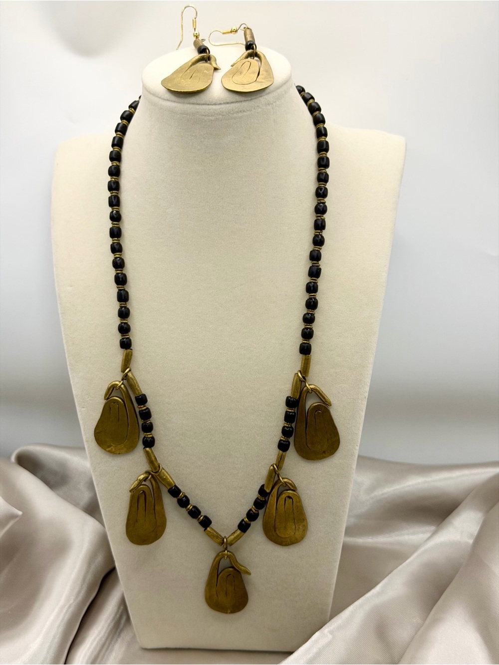Vintage Brass & Black Bead Statement Necklace Set